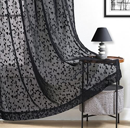 Treatmentex Schwarze Halbtransparente Spitze Vorhang Moderne Stickerei...