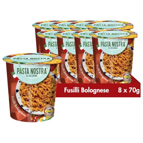 Pasta Nostra | Instant Pasta Pots | BOLOGNESE fusilli Pasta with a beef and tomato sauce | Pack of 8 x 70g | Made in Italy | Ready in 5 minutes | healthier alternative to pot noodle Pasta Nostra | Instant Pasta Pots | BOLOGNESE fusilli Pasta with a beef and tomato sauce | Pack of 8 x 70g | Made in Italy | Ready in 5 minutes | healthier alternative to pot noodle