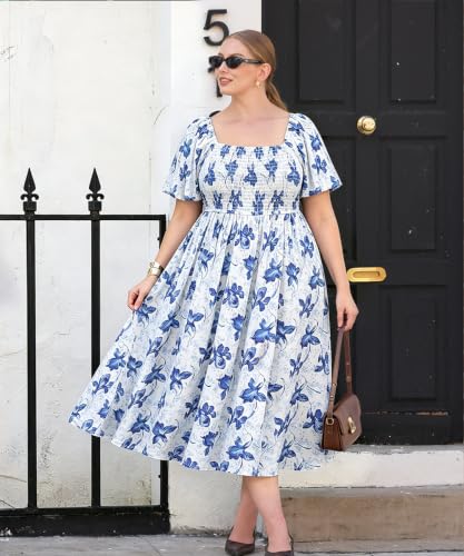 Image of RITERA Plus Size Dresses for Curvy Women Square Neck Short Sleeve Summer Floral Smocked Maxi Dress with Pocket XL-5XL