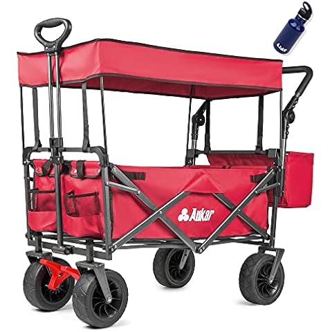 AUKAR Collapsible Canopy Wagon - Heavy Duty Utility Outdoor Garden Cart - with Adjustable Handles , for Shopping, Picnic, Camping, Sports - Red