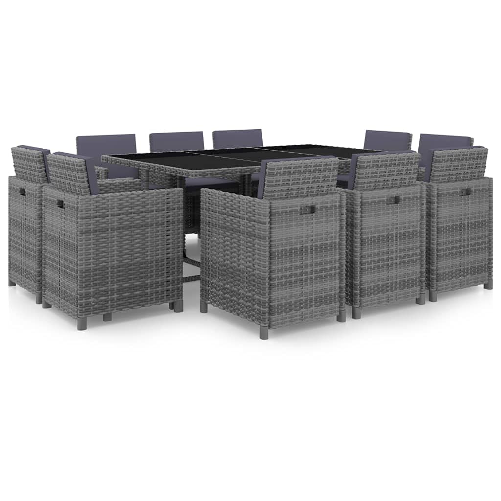 Set da pranzo da giardino in polyrattan, 11 pezzi, con piano in vetro, 167 x 109 cm, resistente alle intemperie, antracite, 10 sedie e cuscini, moderno set da balcone per terrazza e giardino