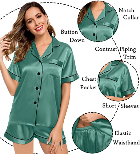 Image of LecGee Womens Silk Satin Pajamas Short Sleeve Loungewear Two-Piece Sleepwear Button-Down Pj Set