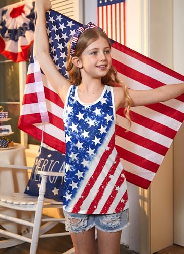 Image of 4th of July Girls Flag Tank Top Back Bow Sleeveless Patriotic Holidays T-Shirt 4-14 Years