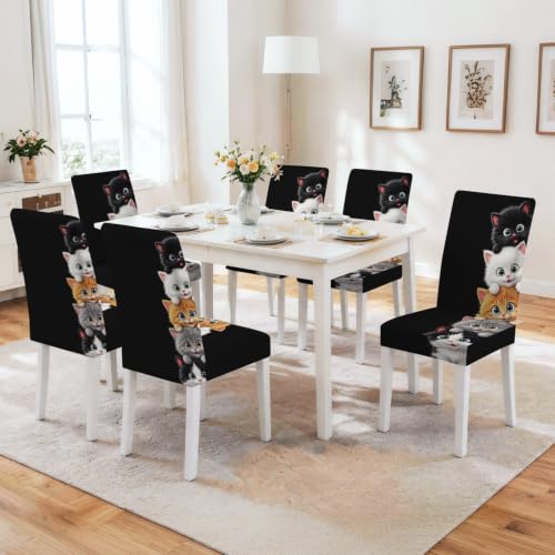 Image of Cute Kitten Dining Chair Covers Set of 4, Cat Stretch Slipcovers