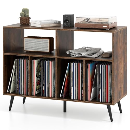 KOMFOTTEU Mueble para Tocadiscos de 3 Niveles, Soporte de Discos de Vinilo con 4 Compartimentos y 2 Estantes Abiertos, Mesa para Tocadiscos con 5 Patas de Metal (Marrón, sin Estación de Carga)