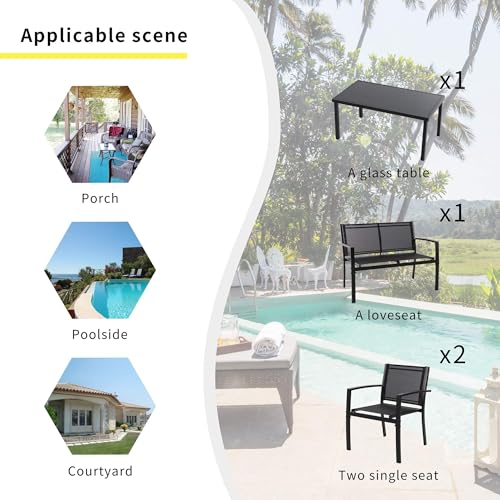Shintenchi 4 Pieces Patio Furniture Set All Weather Textile Fabric Outdoor Conversation Set, with Glass Coffee Table, Loveseat, 2 Single Chairs for Home, Garden, Lawn, Porch(Black) - Image 7