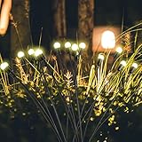 Runmeihe 2 Piezas Luces Luciérnaga Solares Exterior Jardin, 10 LED IP65 Impermeable Solar Starburst Swinging Garden Firefly Lights, Cálida Cadena de Luce Decorativas para Patio, Céspede y Fiesta