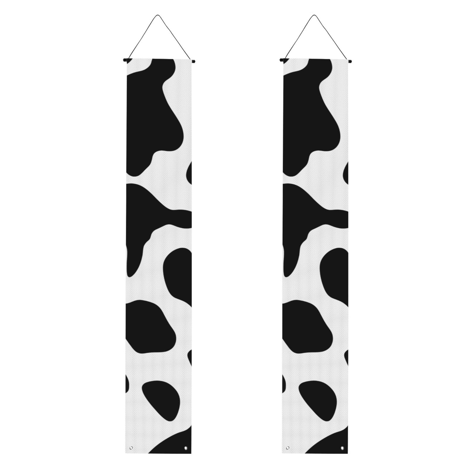 Black and White Cow Print Porch Banner 2PCS, Summer Hanging Flag Party Porch Sign Front Door Hanging Decorations for Indoor Outdoor Holiday Yard Decor Wall Backdrop 71 x 12 Inch