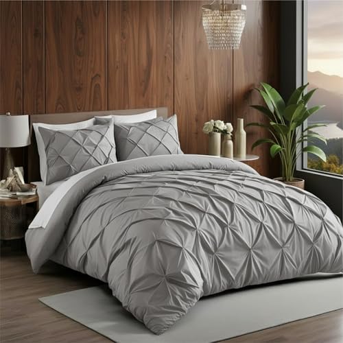 Image of Pinch Pleated Duvet Cover Set 1000TC 100% Cotton Premium 3-Pieces 1-Duvet Cover & 2-Pillow Cover Luxury Look Home and Hotel Zipper & 8-Tie Closure (Light Grey, King 92 X 106 Inch)
