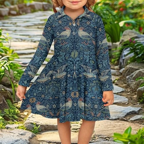 Floral Print Long Sleeve Polo Dress for Girls Flowy A Line Midi Swing Pleated Dresses for School,Playing,Holiday4
