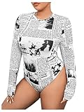 MakeMeChic Women's Plus Size Newspaper Print Tops Crew Neck T Shirt Bodysuit Long Sleeve Slim Fit Leotard Black and White 1XL