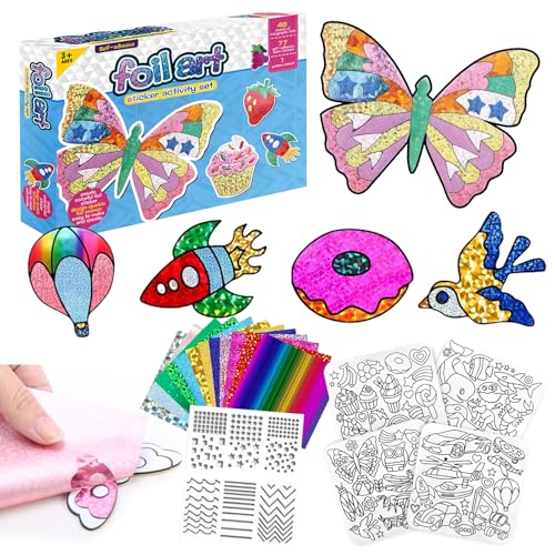 KIKVTER Folienspaß Kinder, Foil Art for Kids, DIY Färben Aufkleber Kinder Bastelsets, Glitzer Transferfolie Handwerk Kits, Folienspaß Bastelkoffer, Kreativ Basteln DIY- Aktivität für Geschenk