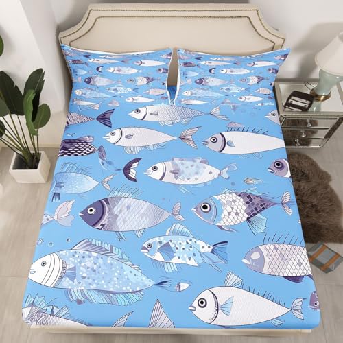 Image of jejeloiu Cartoon Fish Bed Sheets Sets King Size Kids Boys Girls Marine Theme Bedding Set Ocean Sea Animal Bed Sheet Set with 16-Inch Deep Pockets Blue 4Pcs with 2 Pillow Cases