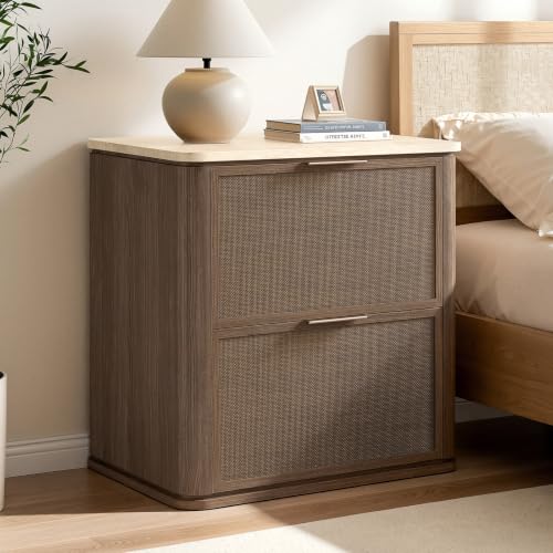 Image of Night Stand, 23.11 inch W Rattan Nightstand with 2 Drawers, Faux Marble Top Bedside Table, Boho Mid Century End Table for Bedroom Living Room Sofa Office, Dark Oak [FSC Certified]