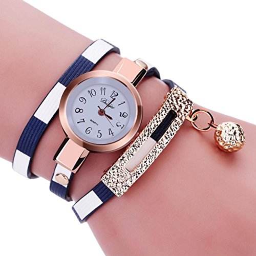 vovotrade Moda encanto de las mujeres abrigo alrededor de cuero artificial de cuarzo reloj de pulsera (Azul)