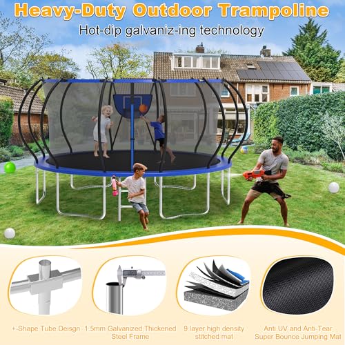 1500LBS Tranpoline Outdoor 8 10 12 14 16FT Tranpoline for Kids and Adults,【Easy to Install & Built to Last】 Recreational Tranpolines with Net, Light+Sprinkler, Basketball Hoop, ASTM Approved