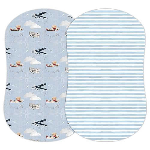 Image of Sorrel + Fern Baby Bassinet Sheets for Boy, Girl (Watercolor Airplanes and Clouds) 2-Pack - Fitted Bedside Bassinet Sheets - Buttery Soft Cotton Blend for Standard Bassinet Mattress Pad