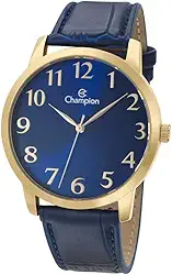 Relógio Masculino Dourado Champion Couro Azul Grande + NF