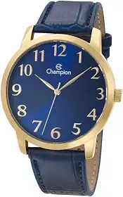 Relógio Masculino Dourado Champion Couro Azul Grande + NF