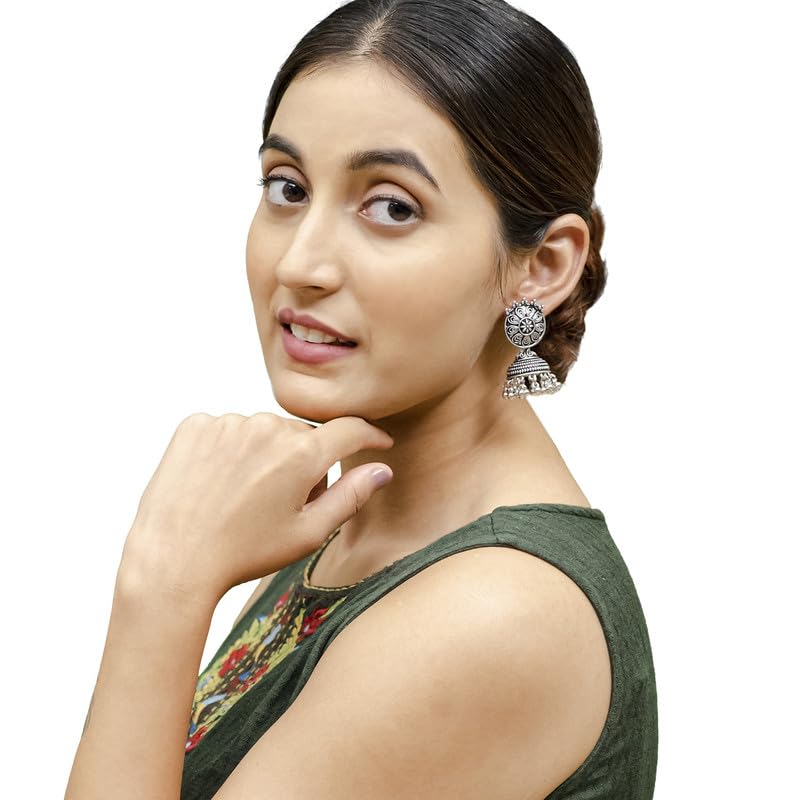 Shining Jewel Traditional Indian Matte Silver Oxidised Studded Jhumka Earring For Women-Silver (SJE_154_S) - Image 3