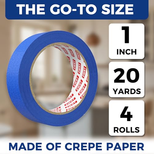 Image of SWRT Blue Painter's Tape, 1 Inch x 20 Yards, 4 Rolls, Clean Removal | Crisp Paint Lines; Fast, Clean Masking; Reliable Hold; Easy Hand Tear; Walls, Trim & Glass; Painting & Crafts