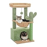 キャットタワー ミニ 猫タワー サボテン 小型 低め 据え置き 人気 コンパクト 省スペース 麻紐爪とぎ ハンモック おしゃれ インテリア シンプル かわいい おもちゃ付き - 高さ80cm グリーン AMT0211GN