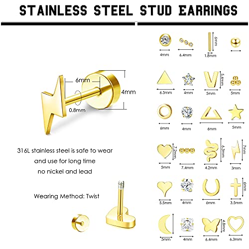 Sanfenly Flat Back Stud Earrings for Women Men Hypoallergenic 14K Gold Plated Surgical Stainless Steel Tiny Small Screw Back Stud Earring Sets Dainty 20g Cartilage Earring Pack Helix Piercing Jewelry3