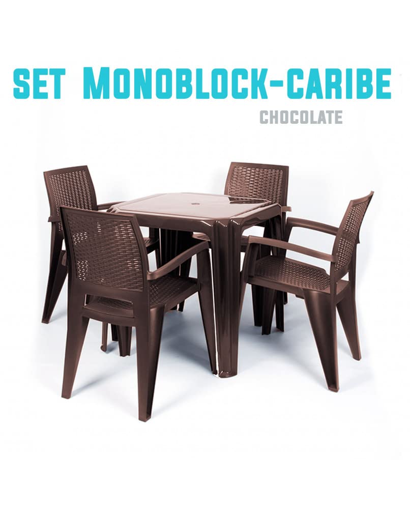 CREVICOSTA QUALITY MARK MARCAS DE CALIDAD - Conjunto Mesa Viana Monoblock + 4 sillas Caribe de Resina (Chocolate)