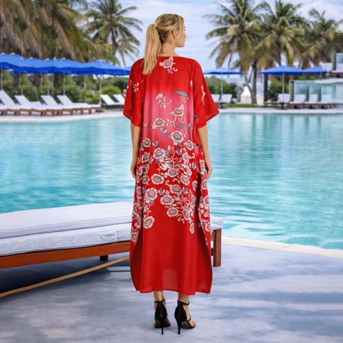 Image of Miss Lavish London Kaftan Dresses for Women,Beach Kaftan Coverups,Hawaiian Coverups for Women,Long Beach & Swimsuit Coverups,Plus Size African Caftan Dress,Moroccan Style Loungewear Red L