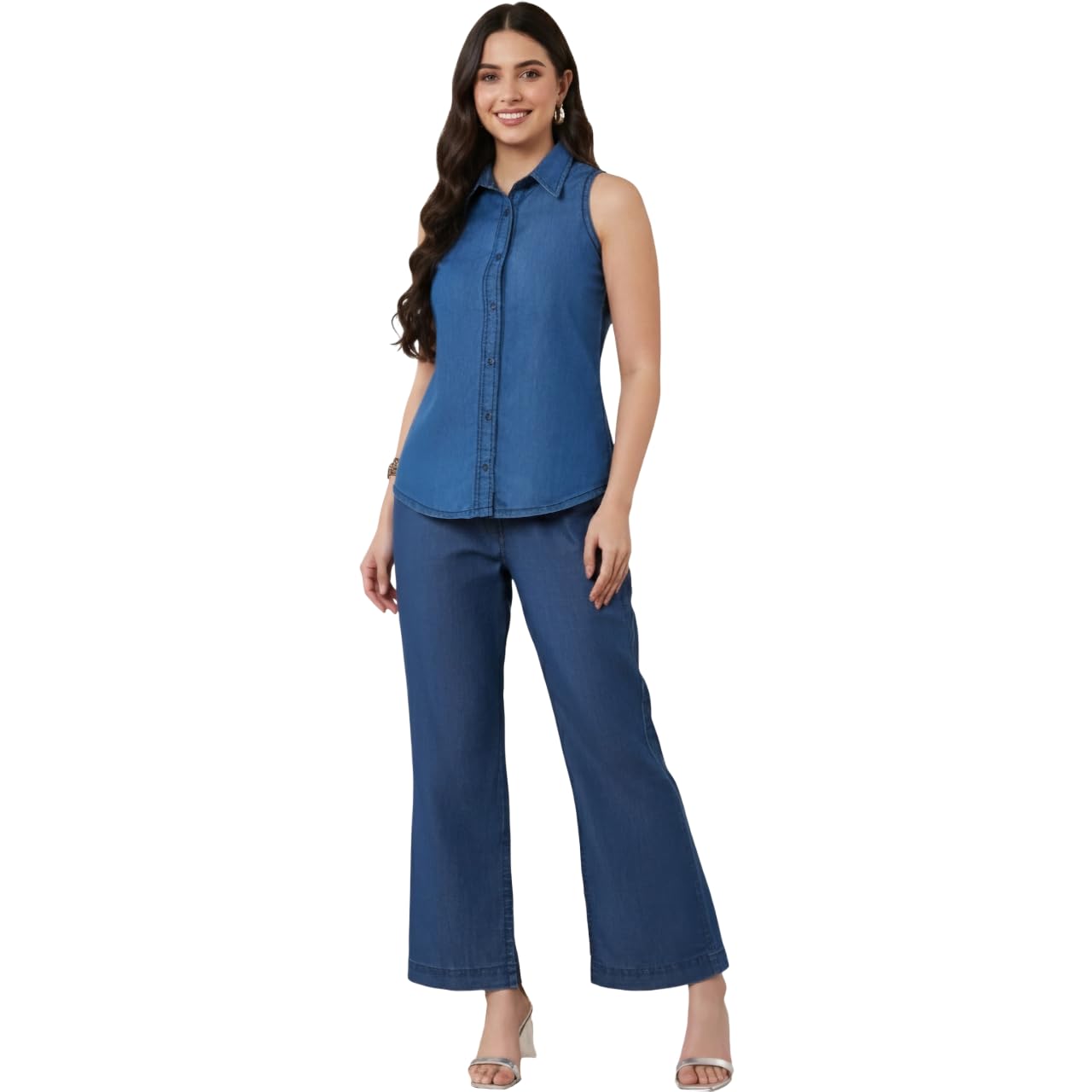 pannkh Womens Sleeveless Denim Buttoned Shirt With Boot-Cut Pant Set-picture-15