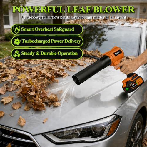Plymax Cordless Leaf Blower, 800,000 RPM Electric Handheld Blower, Leaf Blower Cordless with 2×4.0Ah Batteries & Charger,Snow Blowers with 2-Nozzles for Patio,Lawn Care,Dust,Snow & Car Drying, Orange - image 7