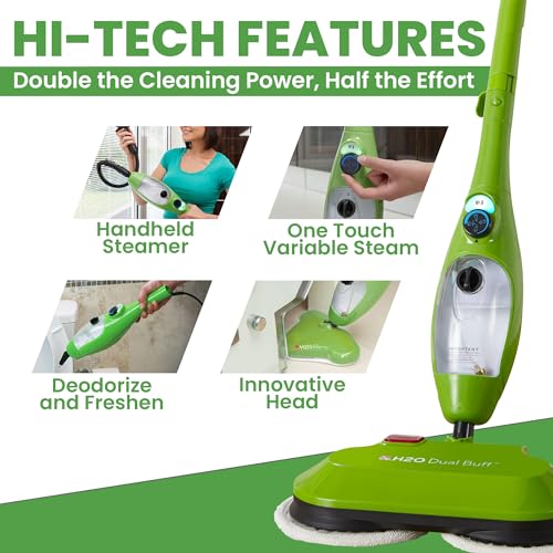Image of H2O X5 Dual Buff Steam Mop, 8 in 1 Handheld Steam Cleaner For Kitchen Tile Floors, Hardwood Floors, Grout Cleaner, Upholstery Cleaner and Carpets, 2 washable scrub pads, 11 cleaning accessories