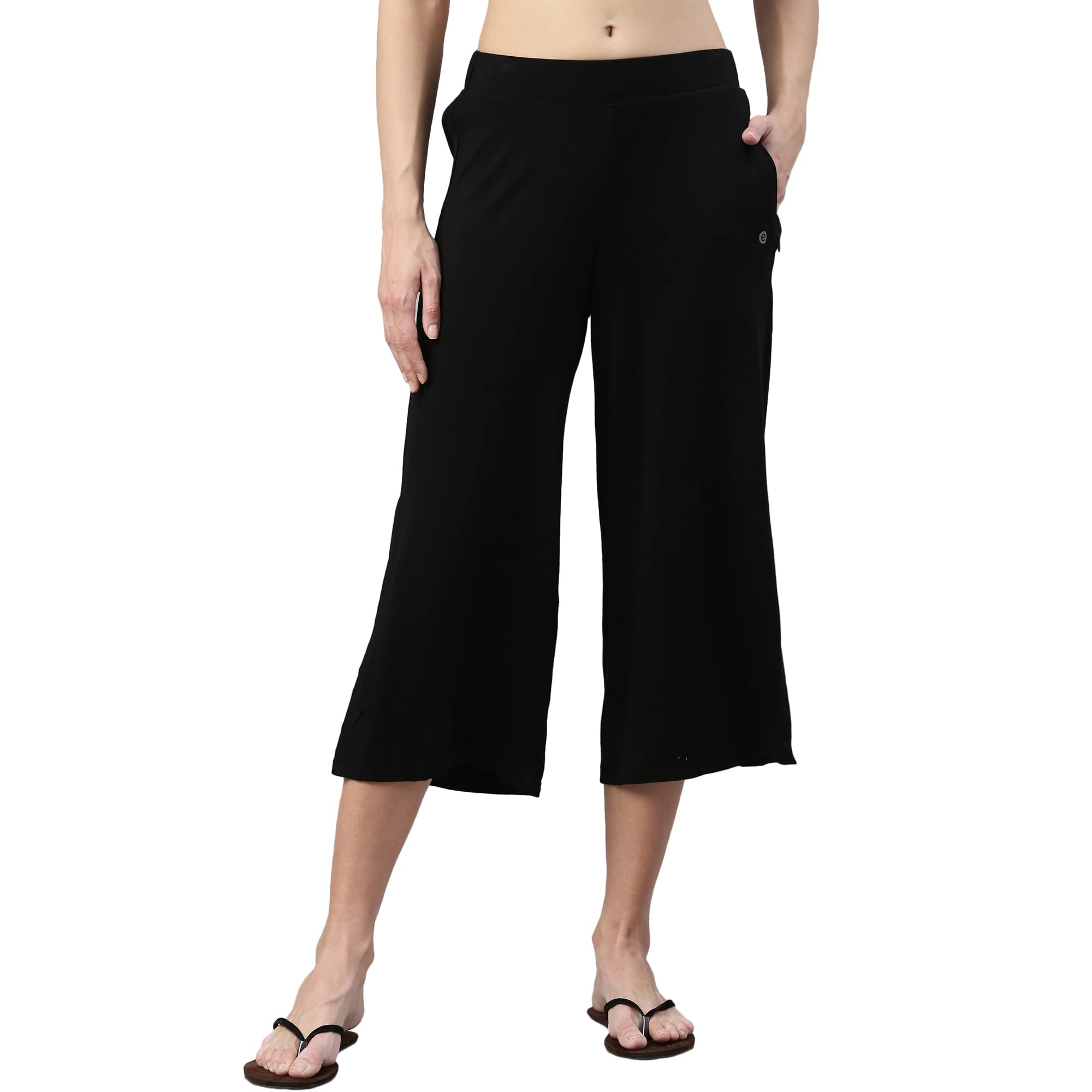 EnamorE064 Quick Dry 4 Way Stretch Antimicrobial Mid Rise Crop Length with Side Slit, Relaxed Fit and Invisible Zipper Pocket Palazzo Pants for Women