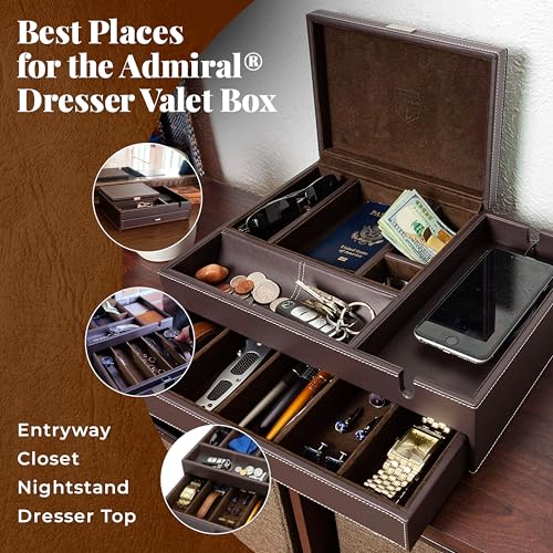 Mens Watch Box Leather Valet Tray - Bedside Table Organizer, Men's Jewelry Box, Watch Case for Men with Large Smartphone Charging Station - Jewelry Box for Men with Valet Box and Nightstand Organizer3