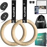 REVITY Anillas Gimnasia de Madera - Anillas Calistenia 32 mm para Crossfit, Musculación y Fitness, Correas 450 x 3,8 cm con Marcas de Medida, Carga Máxima 250 kg, Cintas de Agarre para Aros, Guía PDF