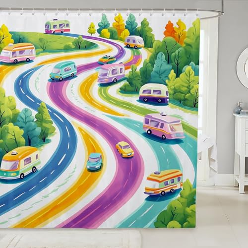Homewish Happy Camping Shower Curtains,Watercolor RV Camper