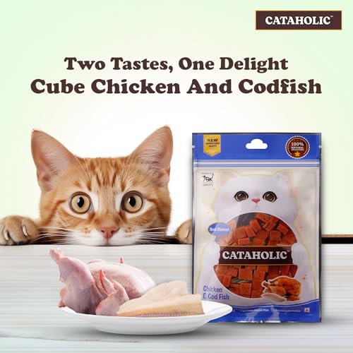 Image of Cataholic Cube Chicken and Codfish 50g - Soft Chewy Cat Treats with Real Meat & Fish High Protein, Grain-Free, Healthy Snack (Pack of 5)