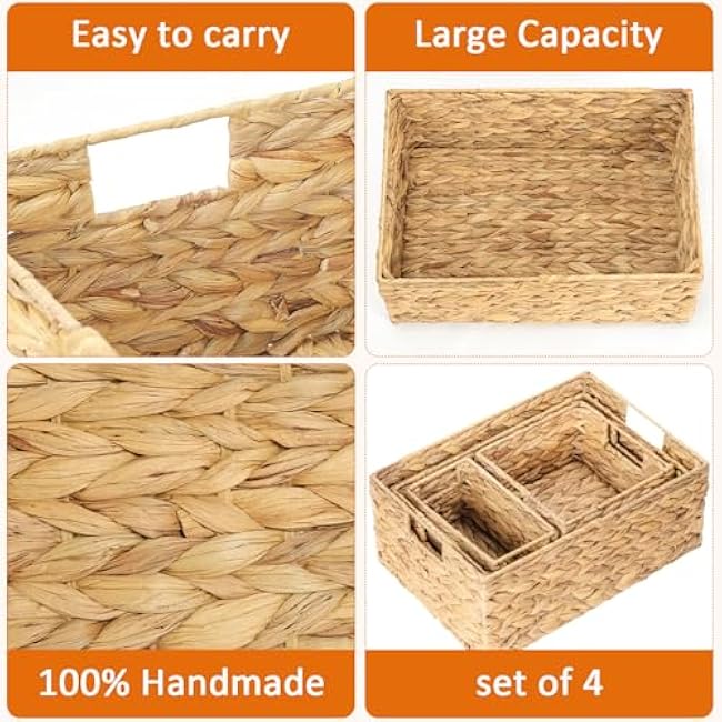 Wicker Baskets for Organizing 4 Pack, Small Woven Baskets for Shelves, Decorative Water Hyacinth Baskets with Handles, Rattan Basket for Shelf.