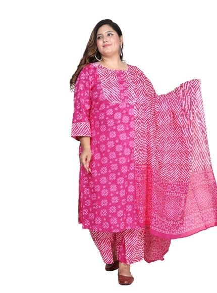 Plus Size Pink Floral Print Pure Cotton Straight Kurta, Dupatta & Pant Set