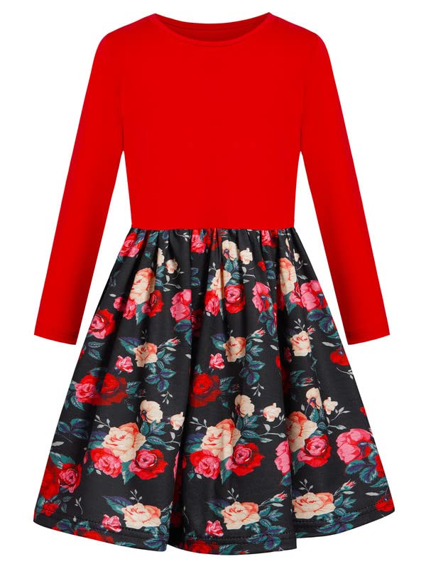 Bonny Billy Girl's Long Sleeve Solid Top and Red Floral Skirt Dress