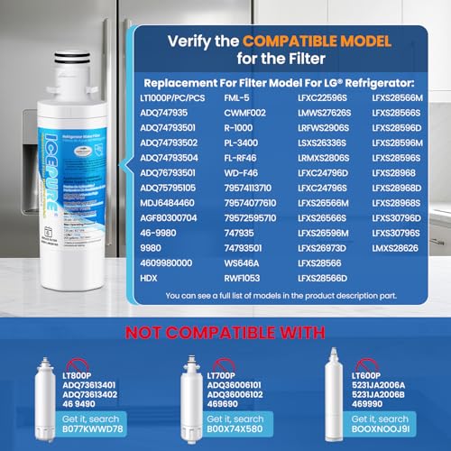 ICEPURE LT1000PC Replacement for LG LT1000P/PC/PCS ADQ747935 ADQ74793501 ADQ74793502 MDJ64844601 LMXS28626S LFXS26973S, LT-1000PC, LT1000, Kenmore 9980 Refrigerator Water and LT120F Air Filter 3 Combo