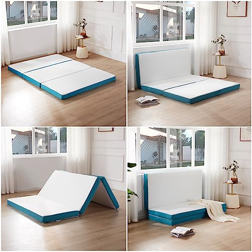 SINWEEK Memory Foam Folding Mattress, 4 Inch Foldable Trifold Mattress Topper, CertiPUR-US Certified Guest Bed with Cooling Cover & Waterproof Lining