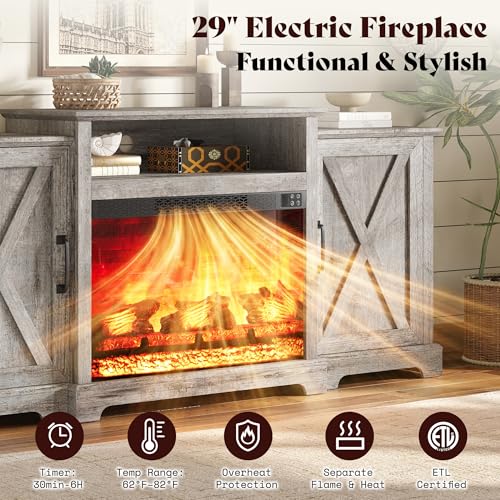 Image of AMERLIFE 70 inch Farmhouse Fireplace TV Stand with Storage for TVs up to 80 inch | Entertainment Center with 29 inch Electric Fireplace, Media Console with 2 Cabinets & Adjustable Shelf, Light Grey