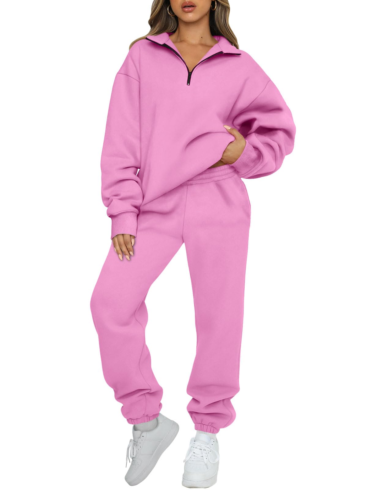 AUTOMETWomen's Sweatsuits 2 Piece Outfits Long Sleeve Half Zip Pullover and Baggy Sweatpants with Pockets