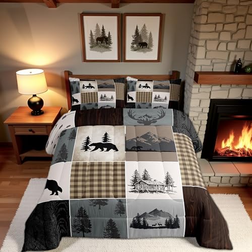 Bear Deer Bedding Set Full Size,Brown Geometric Check Patchwork Comforter Set Wild Animals Hunt Adventure Quilted Duvet Boys Girls Men Teens Bedroom Decor Rustic Country Cabin Duvet Insert 3pcs