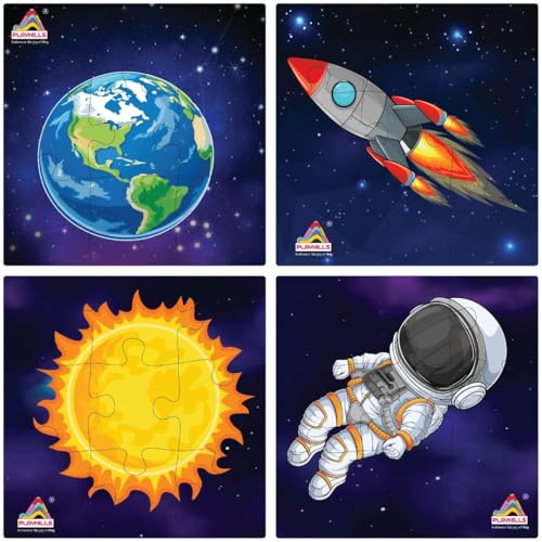Image of Wooden Jigsaw Puzzle Pack of 4 - Outer Space Theme | 9-Piece Puzzles for Kids | Educational Learning Toy | Set of 4 for Children