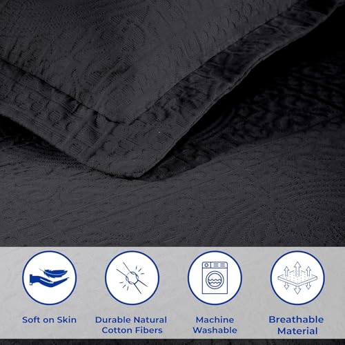 Superior Cotton Fleur De Lis Bedspread Set, Warm Blankets, All-Season Bedding, Bedroom Decor, Decorative Boho Medallion Coverlet, Includes 1 Bedspread, 2 Pillow Shams, Queen, Black