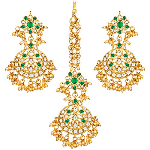 Aheli Exquisite Design Green Colored Faux Kundan Chandbali Earrings Maang Tikka Set Ethnic Indian Jewelry for Women