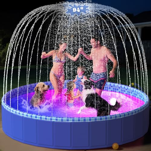 Foldable Dog Pool with Sprinkler RGB LED Light, 94' Collapsible Hard Plastic Kiddie Swimming Splash Pool for Small Medium Large Doggie Kitty Puppy, Pet Bathing Tub Wading Pool for Dogs Blue