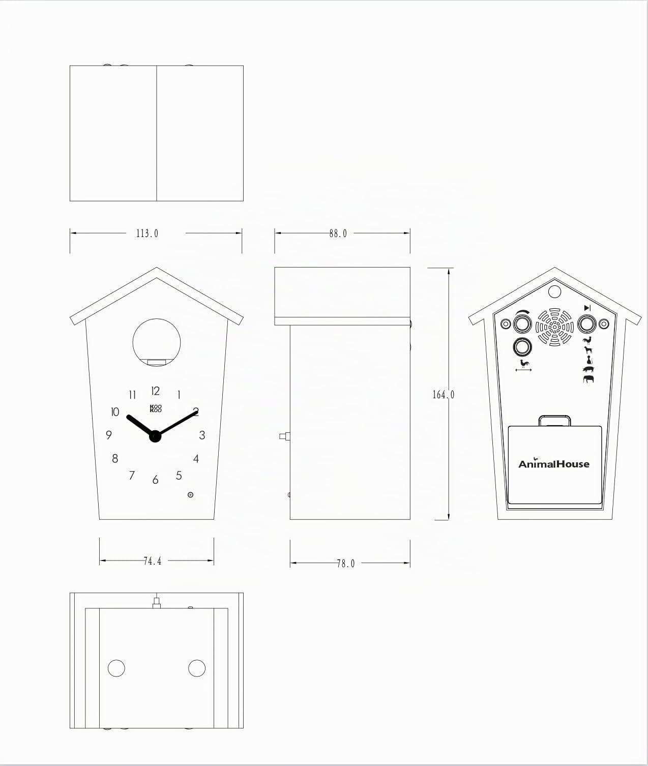 KOOKOO AnimalHouse Grün, Moderne kleine Kuckucksuhr mit 5 Bauernhoftieren, Aufnahmen aus der Natur. Hat EIN freundliches und modernes Design.